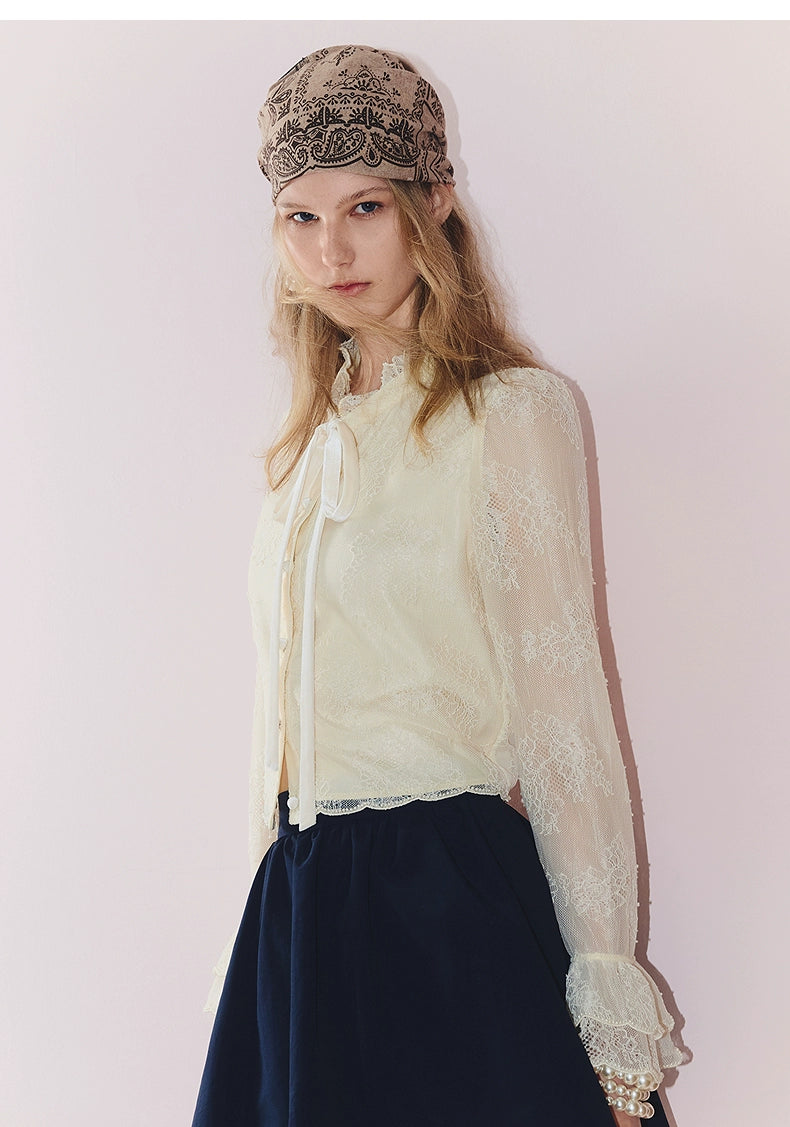 Lace Sleeve Double Flared Sleeves Short Blouse