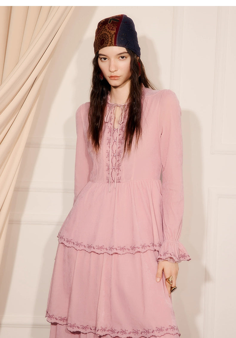 Pink Embroidered Long-sleeved A Line Maxi Dress