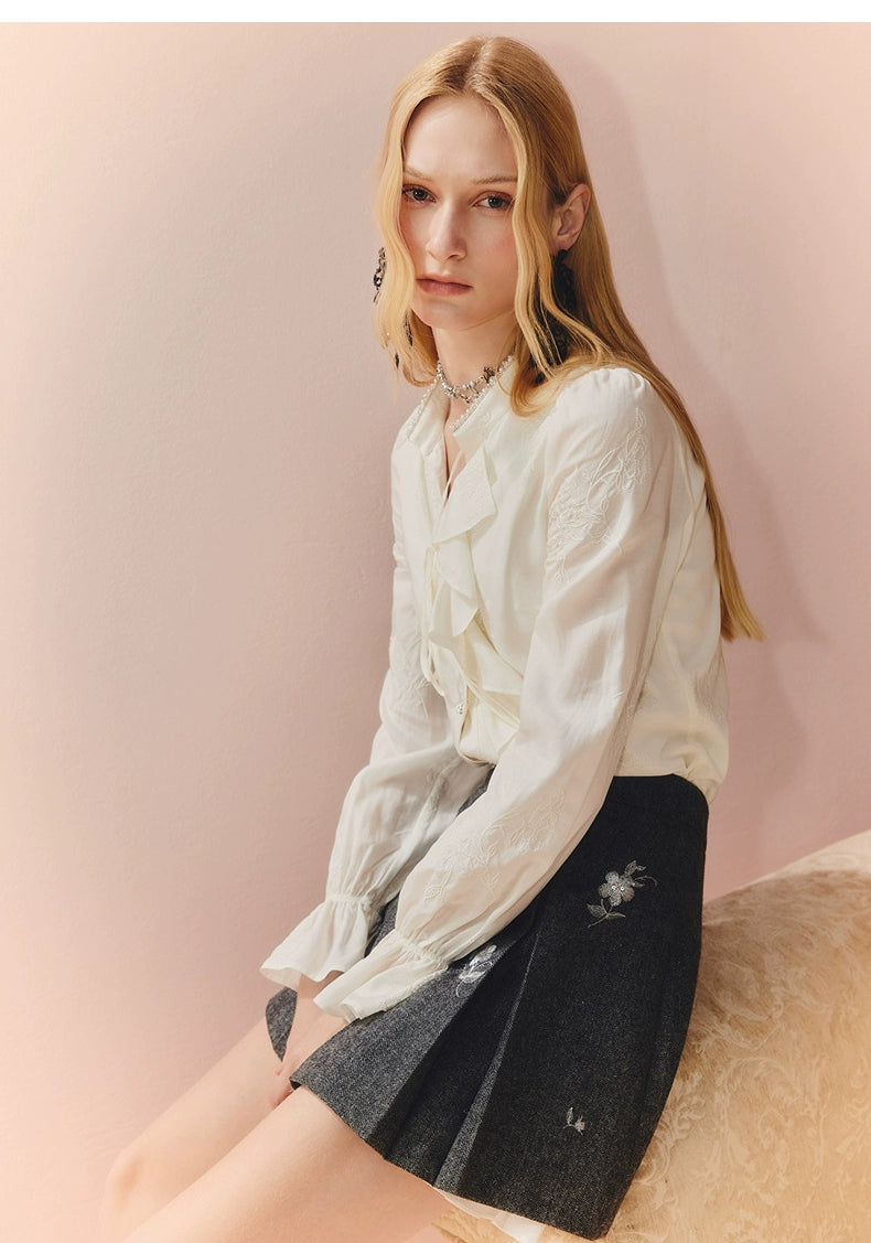 Ruffled V Neck Loose Long Sleeve Satin Top