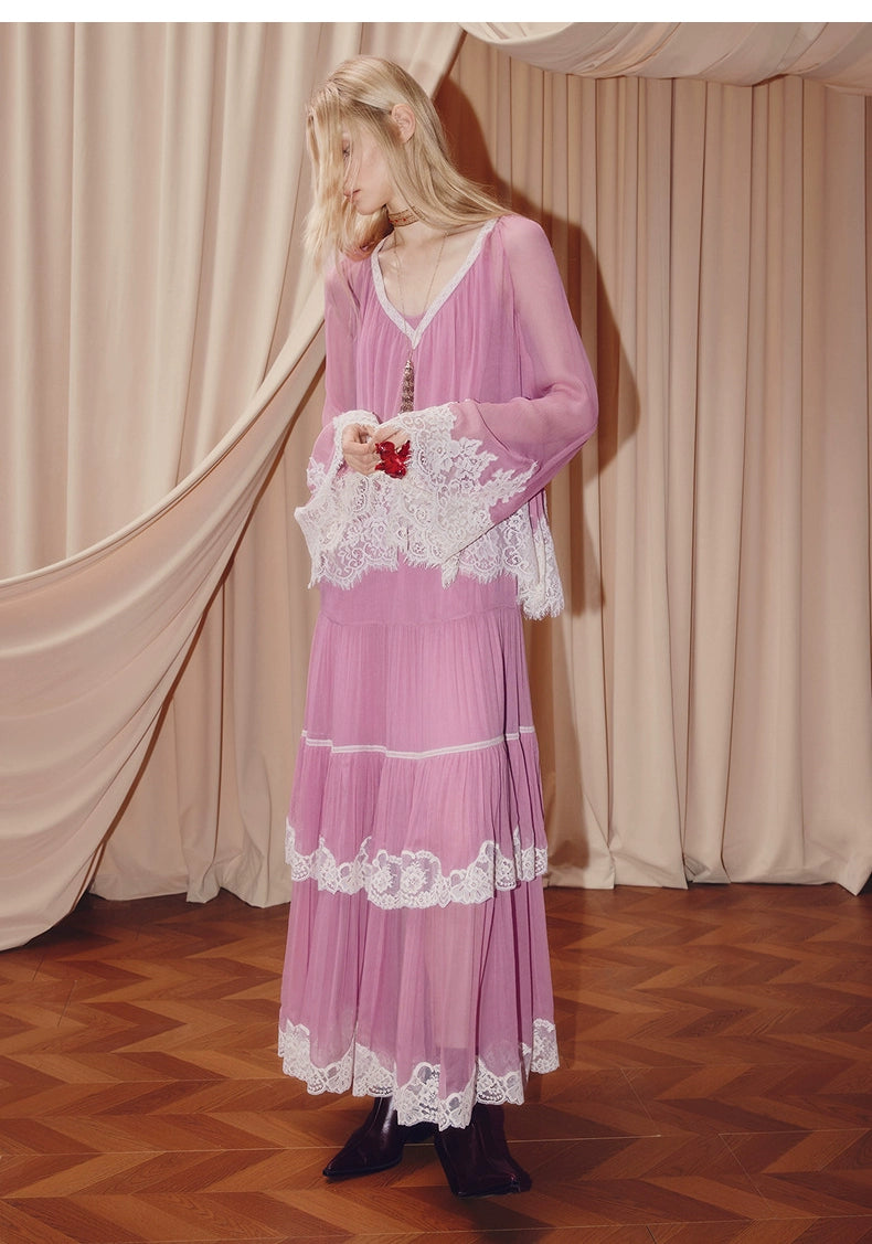 Pink V Neck Long Sleeve Loose Fit Two Piece Dress