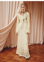 Bohemian V Neck Hollow Long Sleeve Top And Skirt Two-piece Set