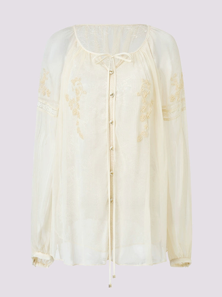 Chiffon Shirt Round Neck Lace Blouse