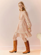 Pink V Neck Ruffles Flower Long Sleeve Mini Dress