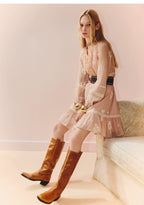 Pink V Neck Ruffles Flower Long Sleeve Mini Dress