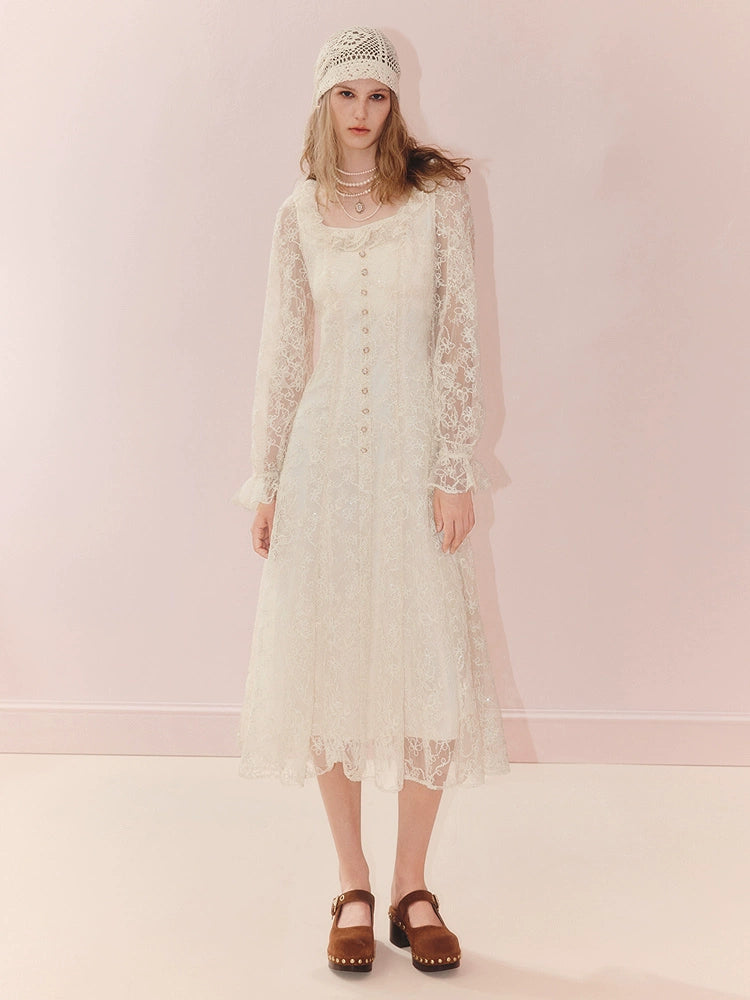 Square Neck Ruffled Long Sleeve Lace Midi Dress