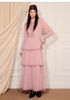Pink Embroidered Long-sleeved A Line Maxi Dress