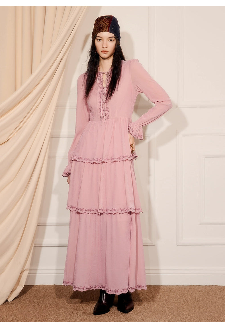 Pink Embroidered Long-sleeved A Line Maxi Dress