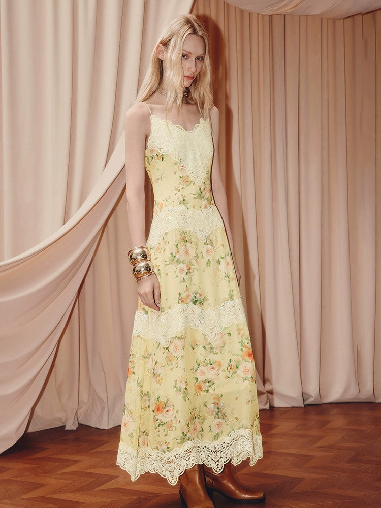 Floral Print Lace V Neck Sleeveless Maxi Dress