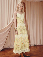 Floral Print Lace V Neck Sleeveless Maxi Dress