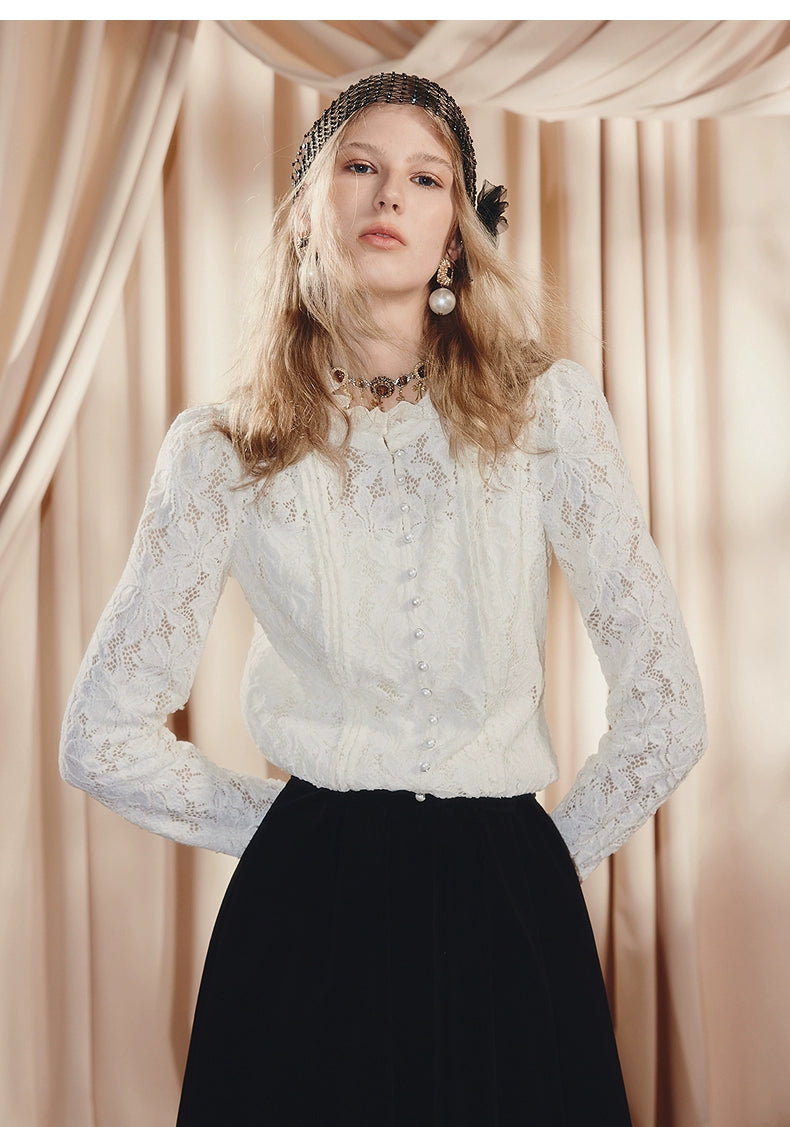 Vintage Lace Long Sleeve Ruffled Blouse