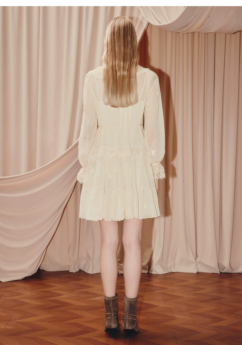 Beige Chiffon V Neck Ruffled Mini Dress