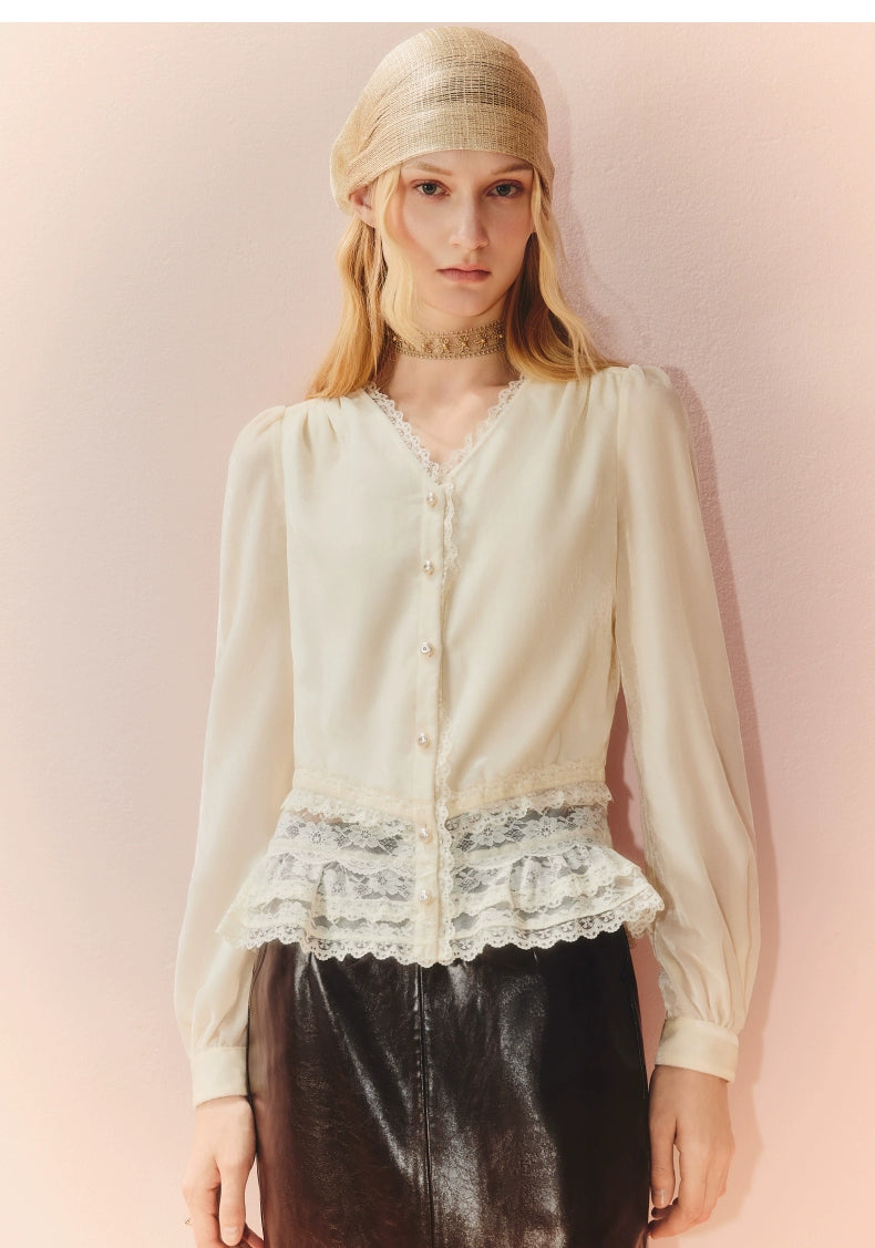 Velvet Lace V-neck Long-sleeved Top