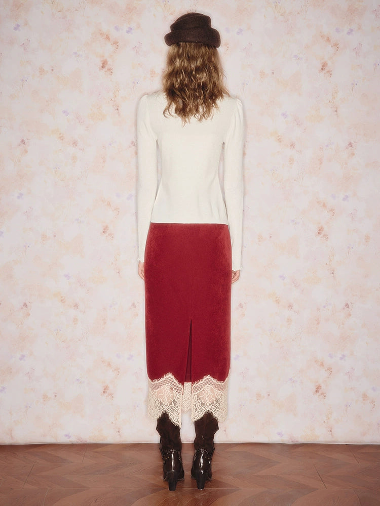 Red Lace Velvet H Shape Long Skirt