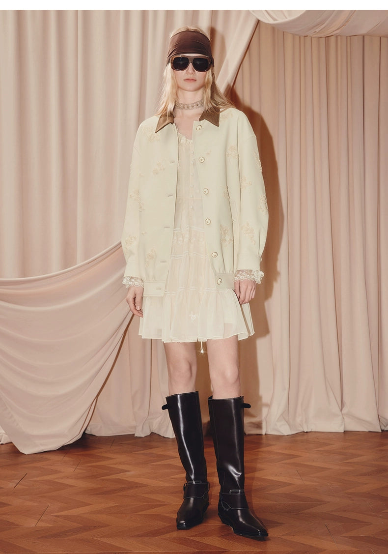 Beige Chiffon V Neck Ruffled Mini Dress