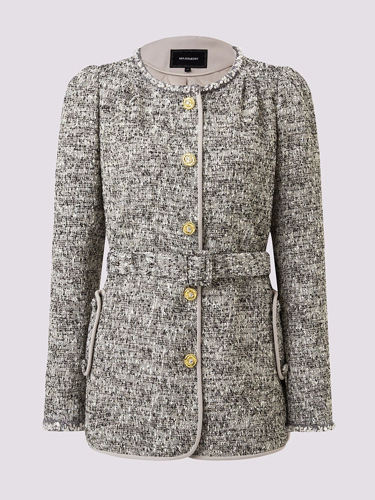 Round Neck Button Front Jacket With Pockets