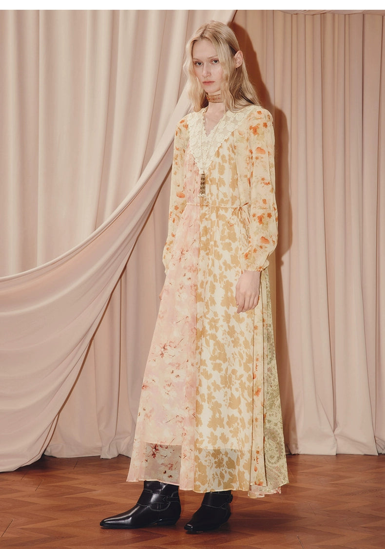 Floral Print V Neck Silk Long Sleeve Maxi Dress