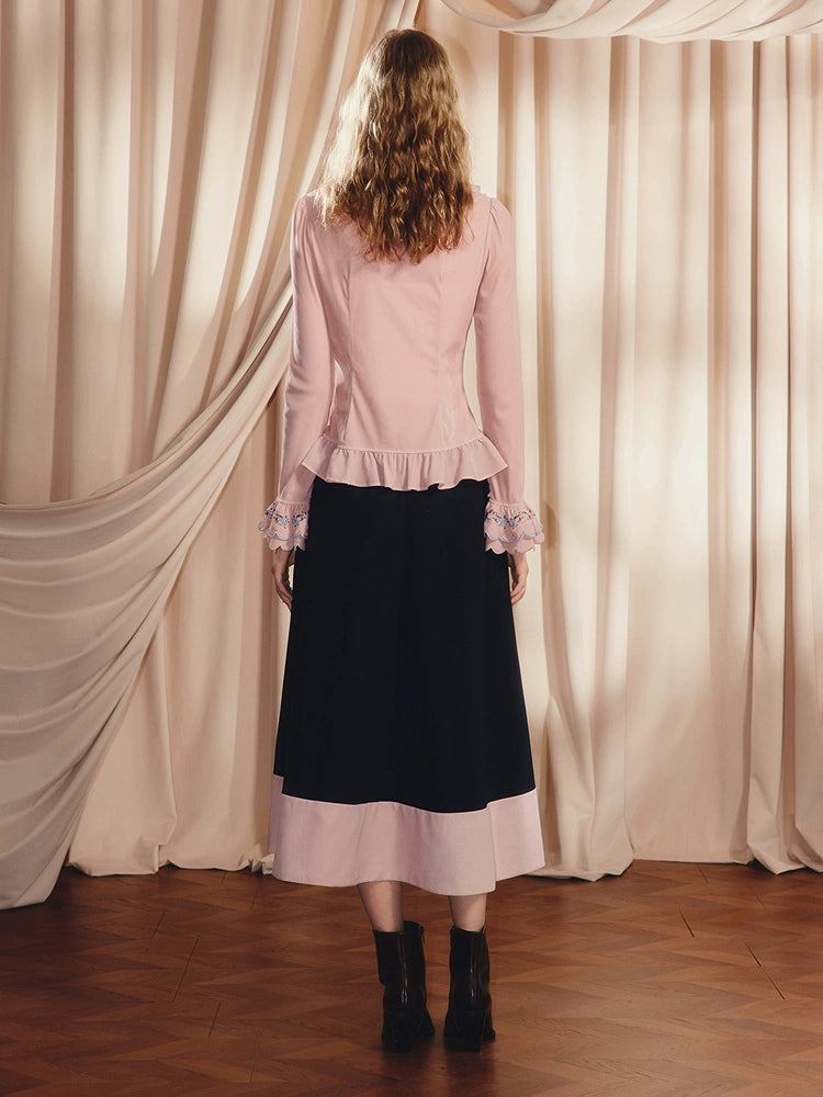 Pink V Neck Ruffled Long-sleeved Top