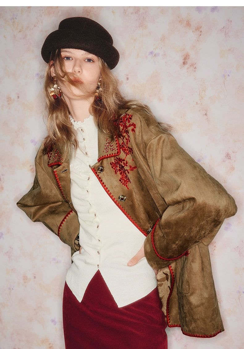 Embroidered Lapel Suede Fleece Jacket