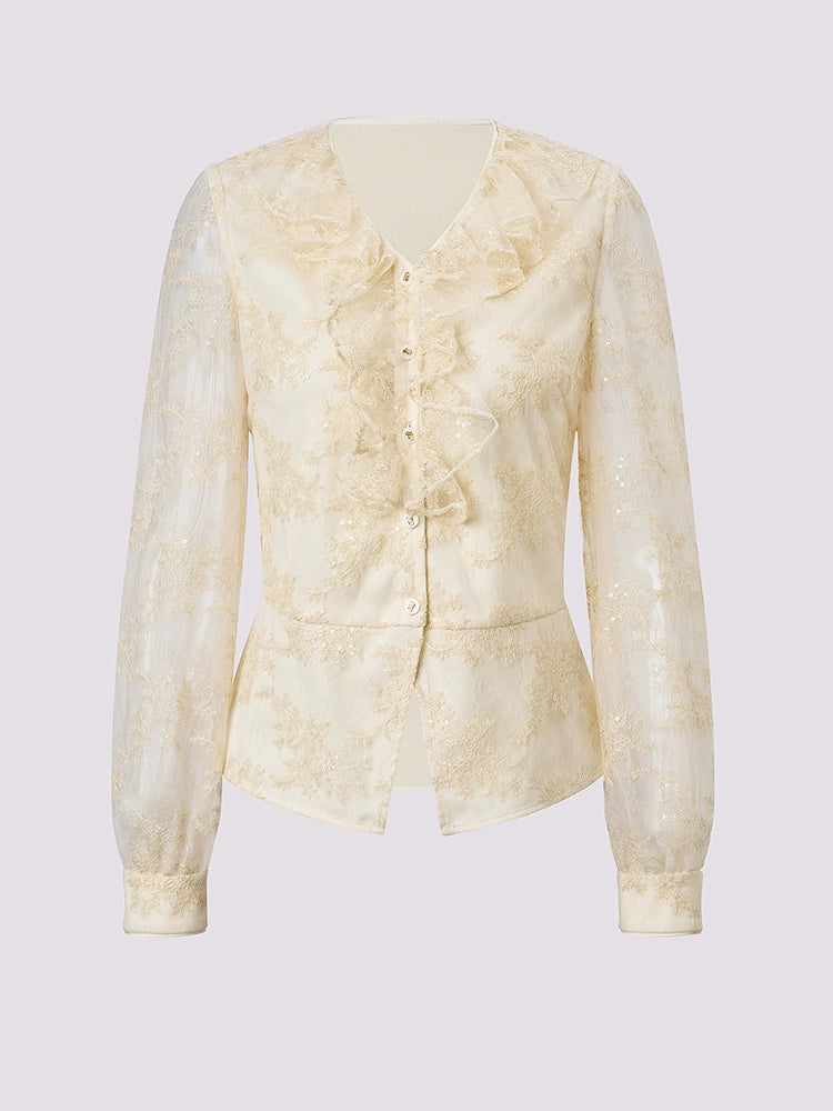Lace Chiffon V Neck Long Sleeve Top