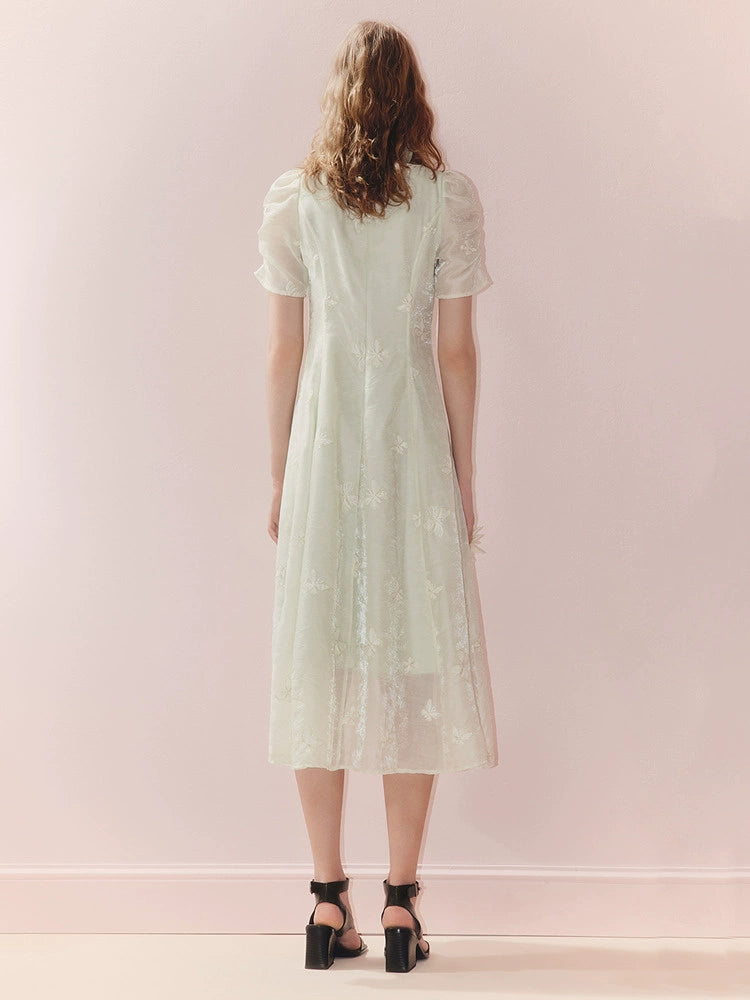 Square Neck Butterfly Embroidered Midi Dress