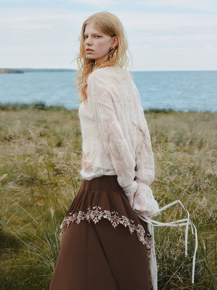 Hollow Lace Embroidered Knitted Sweater