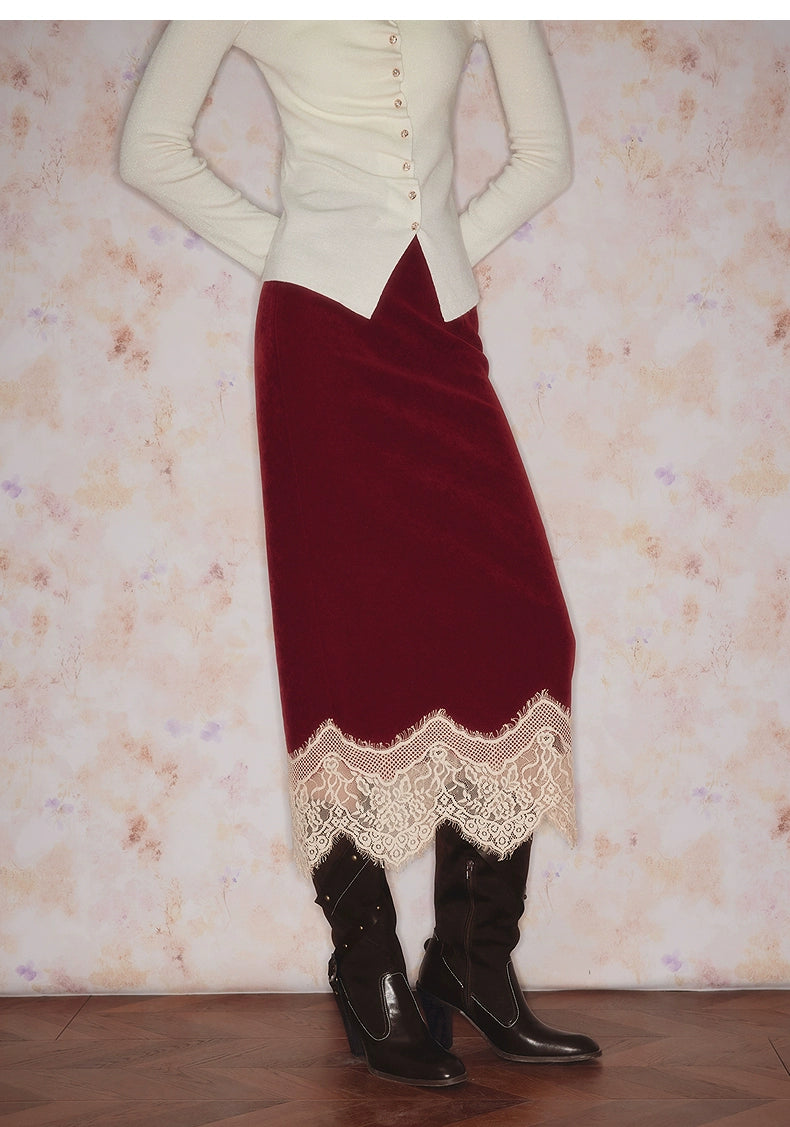 Red Lace Velvet H Shape Long Skirt