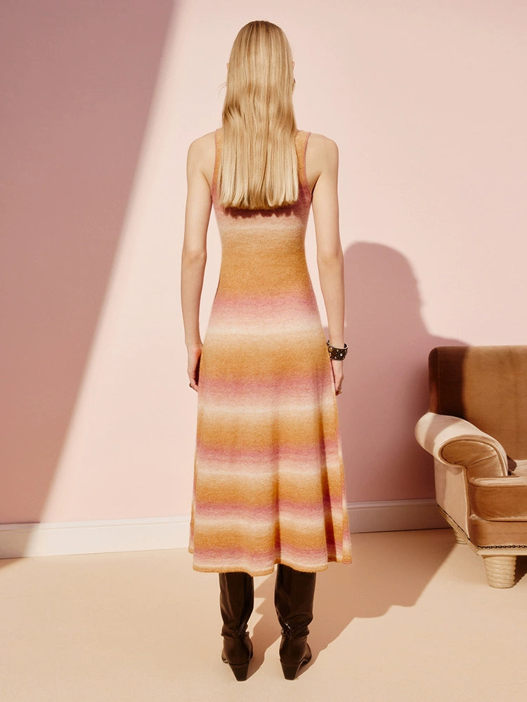 Orange Sleeveless Wool A Line Knitted Midi Dress