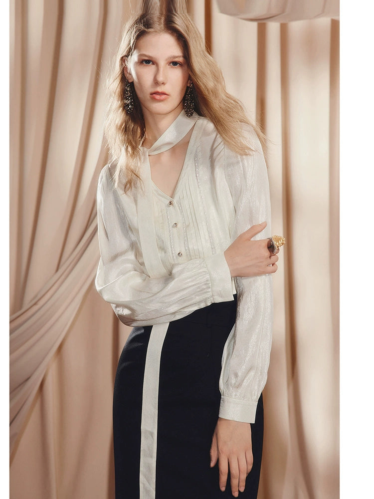 Lace Satin Bow Neckline Long Sleeve Blouse