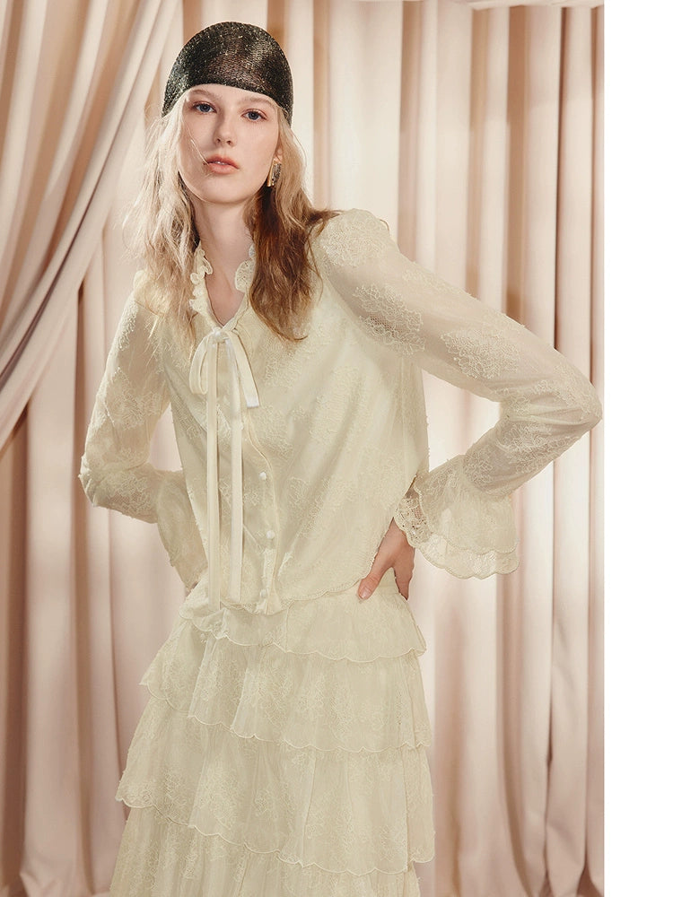 Lace Sleeve Double Flared Sleeves Short Blouse