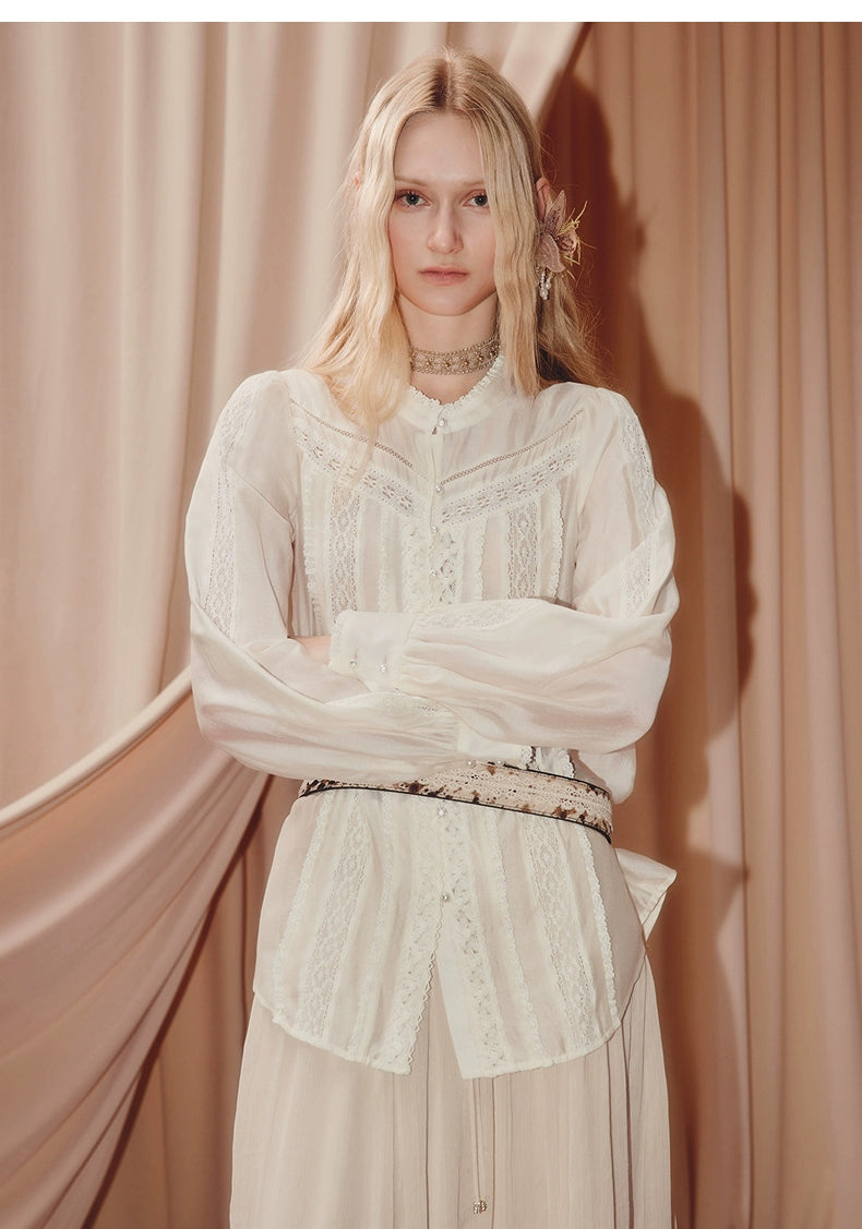 Vintage Lace Shirt Satin Long Sleeve Blouse