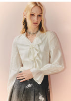 Ruffled V Neck Loose Long Sleeve Satin Top