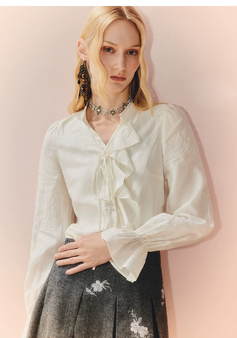 Ruffled V Neck Loose Long Sleeve Satin Top