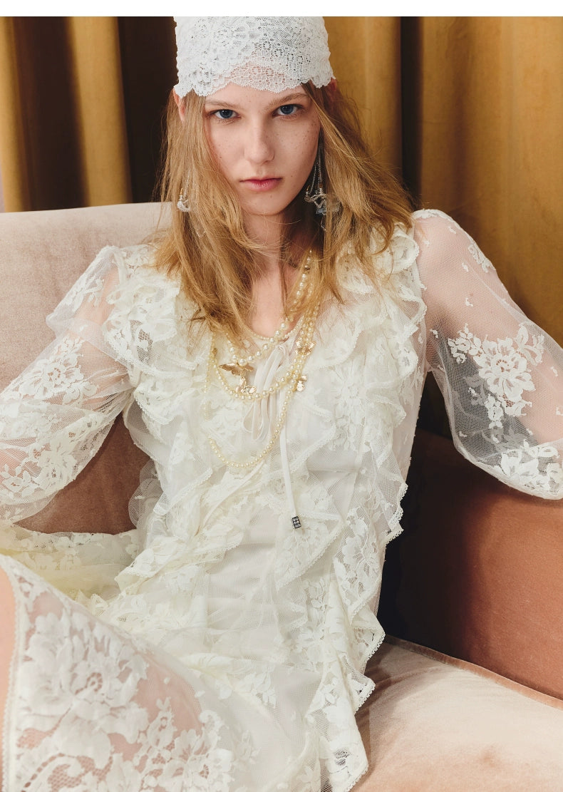 Lace Ruffled Long Sleeve Mini Dress