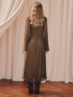 Brown V Neck Long Sleeve Dress