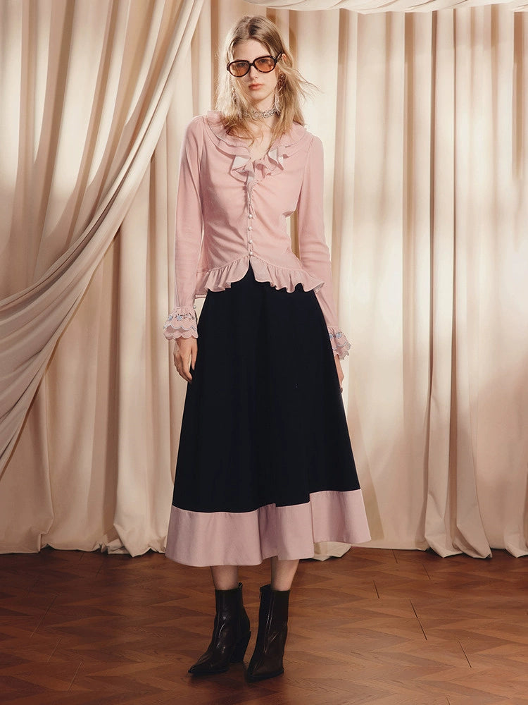 Pink V Neck Ruffled Long-sleeved Top