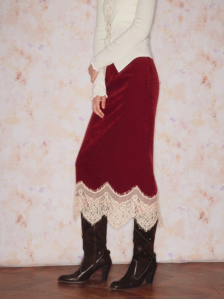Red Lace Velvet H Shape Long Skirt