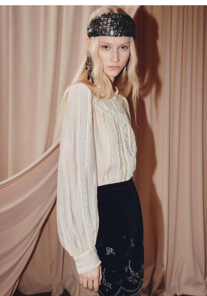 Vintage Lace Shirt Satin Long Sleeve Blouse