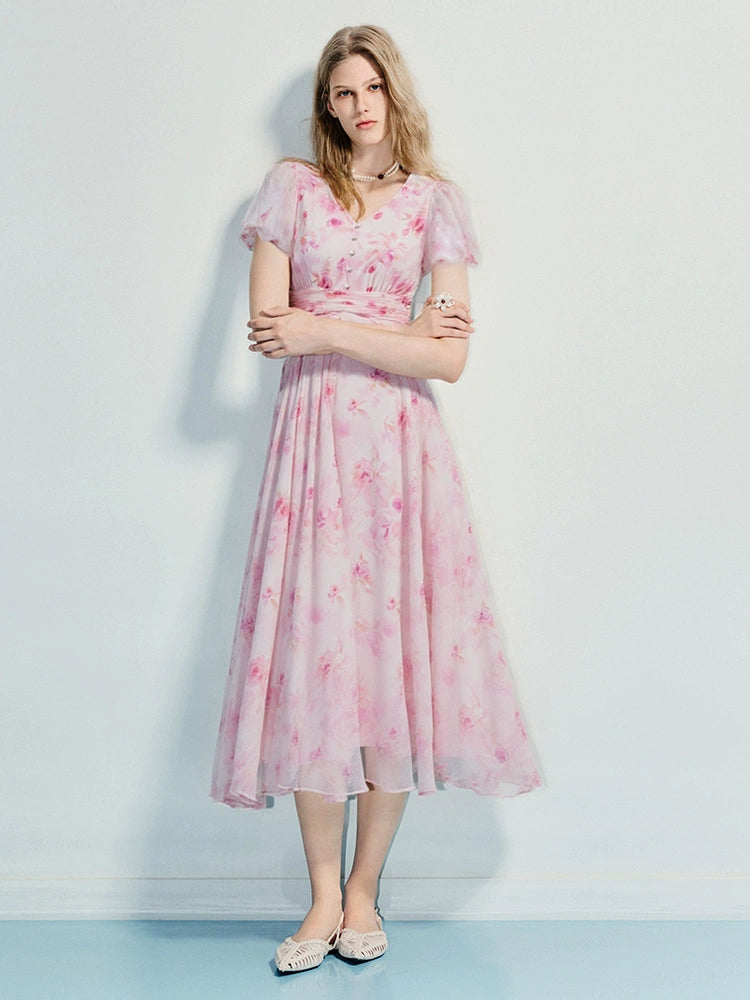 Chiffon Floral Print V Neck Pleated Short Sleeve Midi Dress