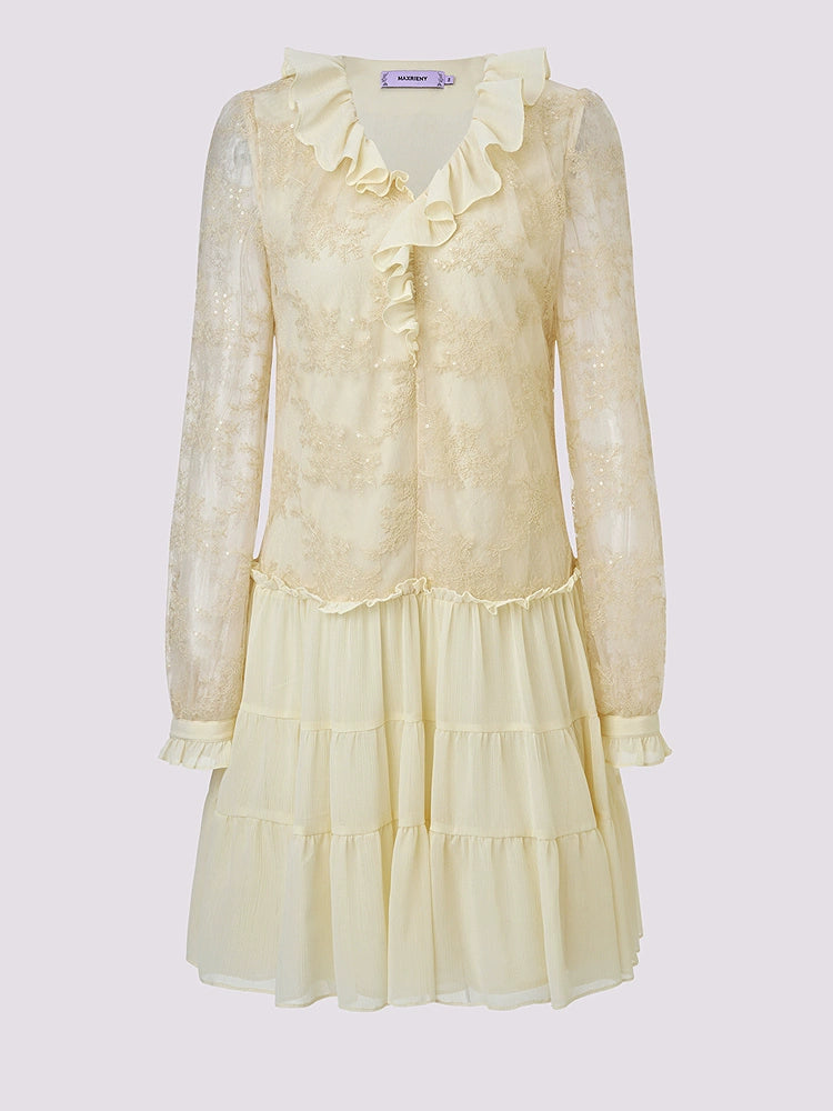 Embroidered Ruffled V Neck Long Sleeve Dress