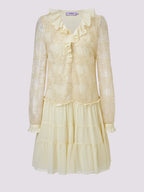 Embroidered Ruffled V Neck Long Sleeve Dress