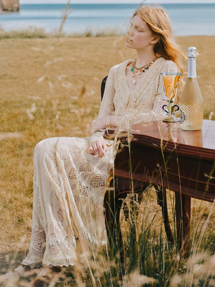 Bohemian V Neck Hollow Long Sleeve Top And Skirt Two-piece Set