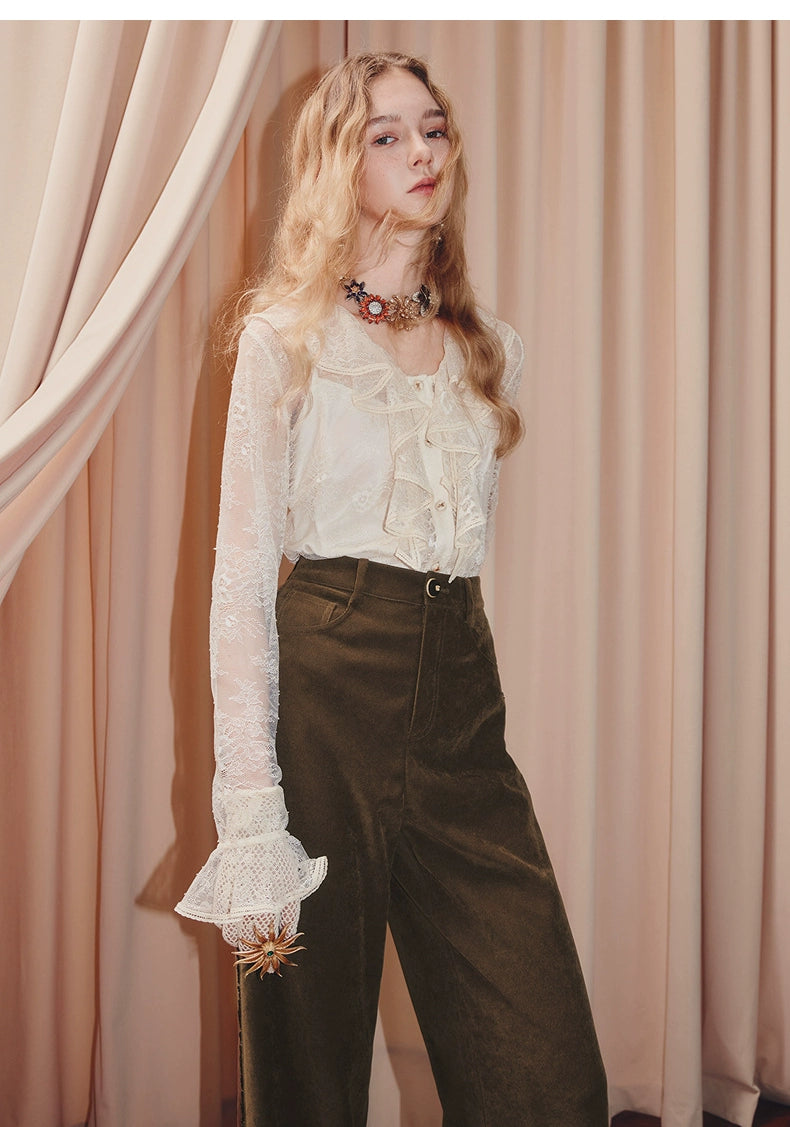 V Neck Ruffled Lace Chiffon Shirt