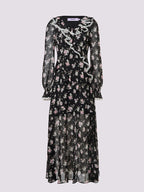 Floral Print V Neck Ruffled Long Sleeve Dress