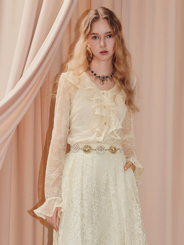 V Neck Ruffled Lace Chiffon Shirt