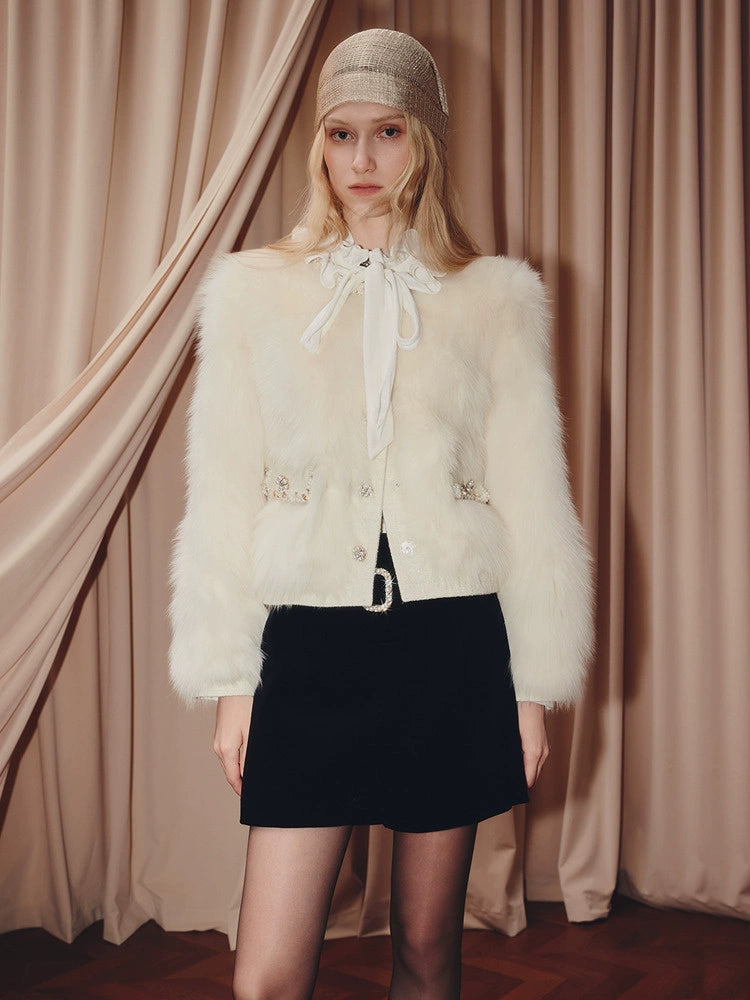 Fox Fur Round Neck Button Front Jacket Coat
