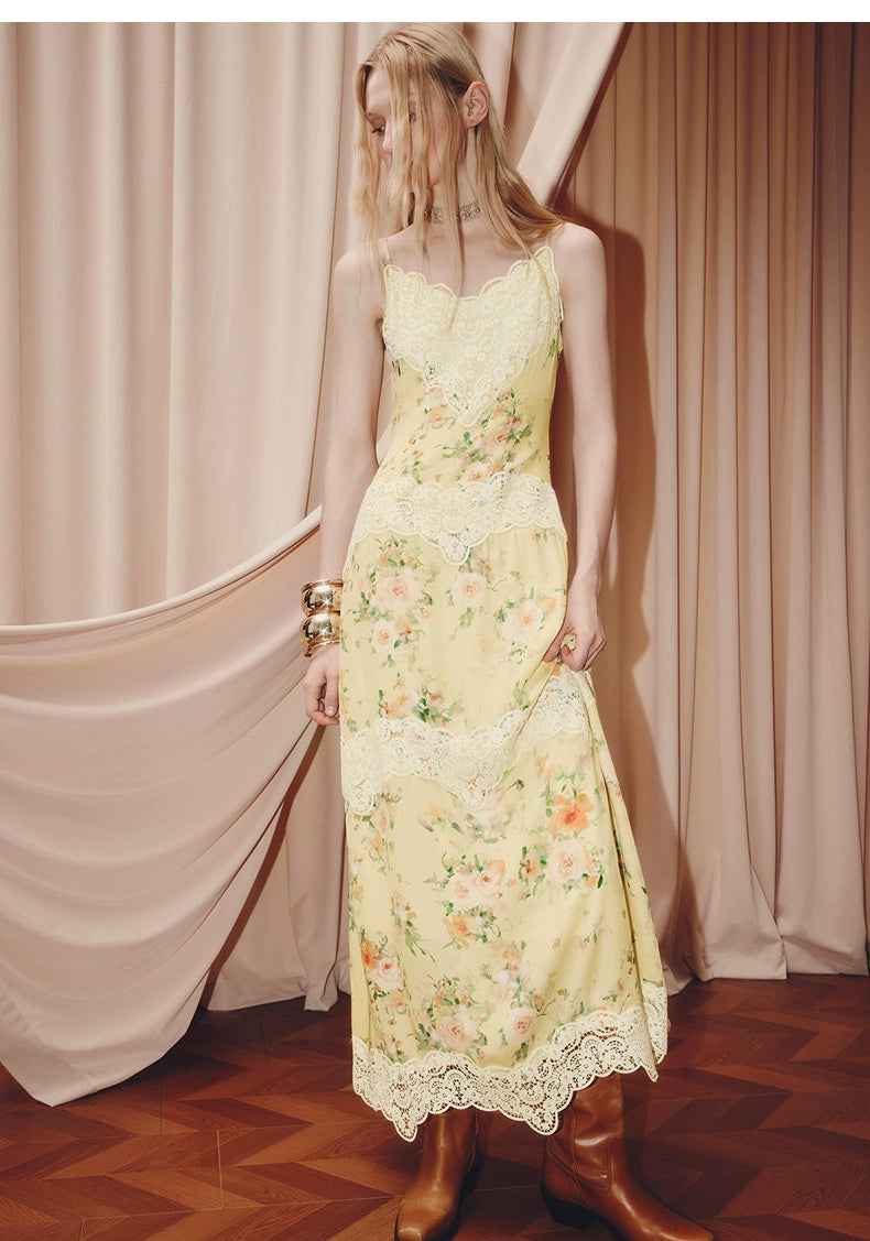 Floral Print Lace V Neck Sleeveless Maxi Dress