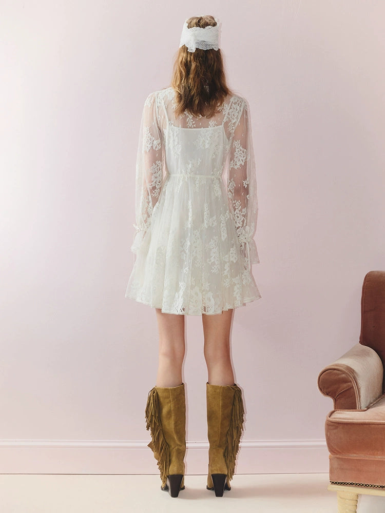 Lace Ruffled Long Sleeve Mini Dress