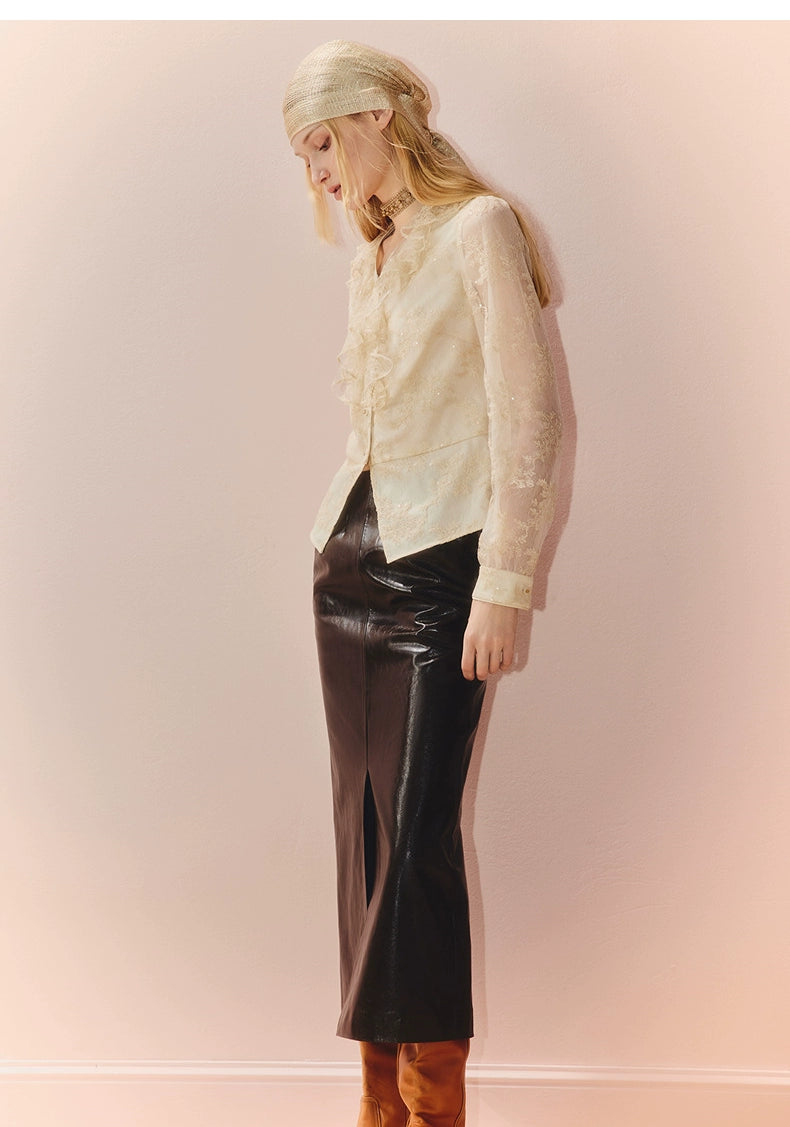 Lace Chiffon V Neck Long Sleeve Top