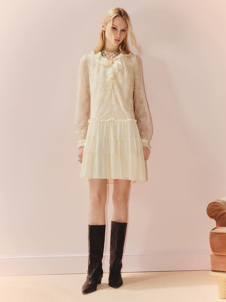 Embroidered Ruffled V Neck Long Sleeve Dress