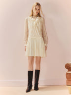 Embroidered Ruffled V Neck Long Sleeve Dress